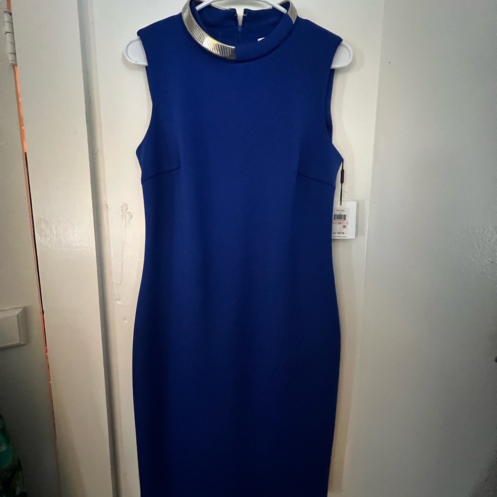 Blue Ribbed Mock Neck Sheath Midi Dress